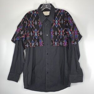 Vintage Longhorn Western Aztec Black Long Sleeve Button Up Shirt Medium